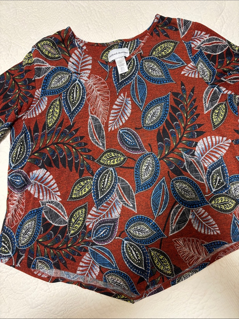 Alfred Dunner Rust Leaf Print 3/4 Long Sleeve Top